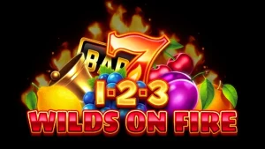 Tampilan visual mesin slot 1-2-3 Wilds on Fire dengan simbol buah klasik dan efek api