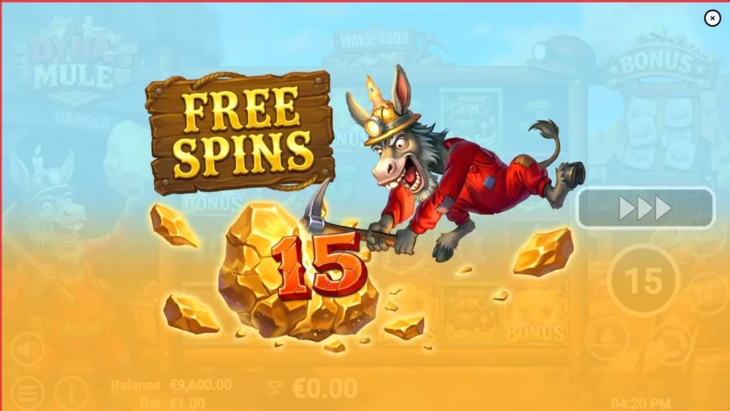 Tampilan visual slot Dyna Mule dengan latar belakang tambang steampunk dan simbol-simbol eksplosif.