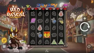 Tampilan visual slot Red Rascal dengan latar belakang taman hiburan yang cerah