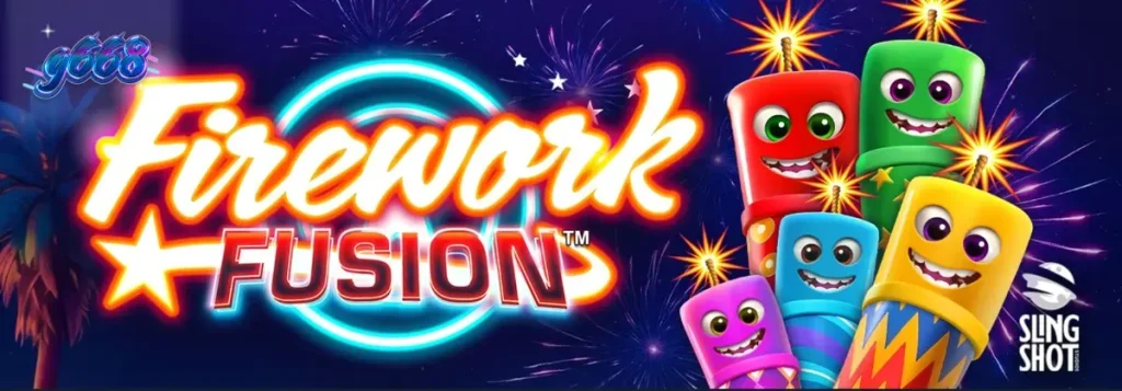 Tampilan visual slot Firework Fusion dengan latar belakang karnaval tepi pantai saat senja.
