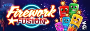 Tampilan visual slot Firework Fusion dengan latar belakang karnaval tepi pantai saat senja.